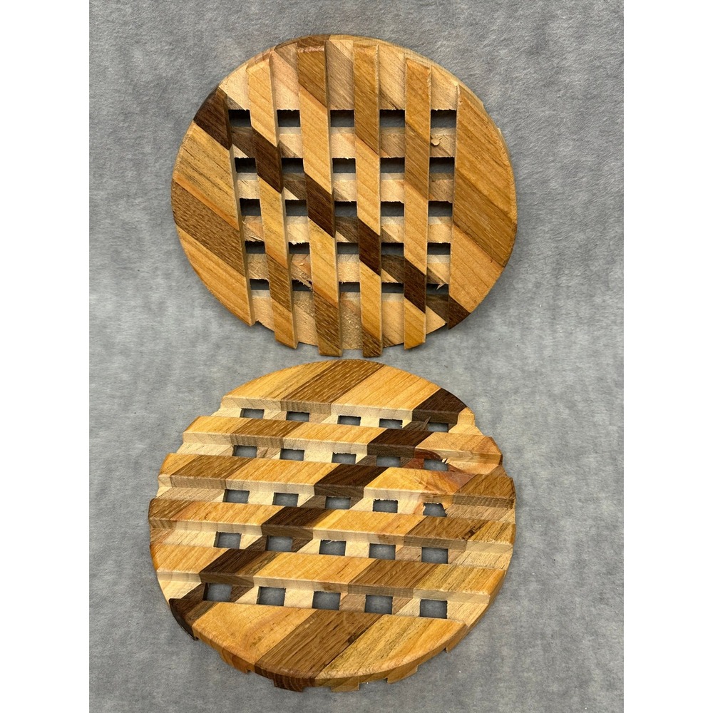 Vintage Wood Trivet Set of 2 Handcrafted by Fred DeCario 7" Slatted Lattice MCM